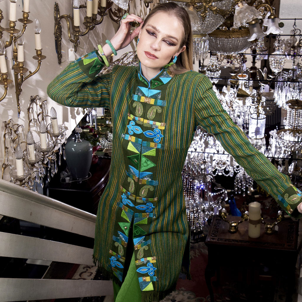 Green Stripes Cubic Paisley Shawl Wool Jacket