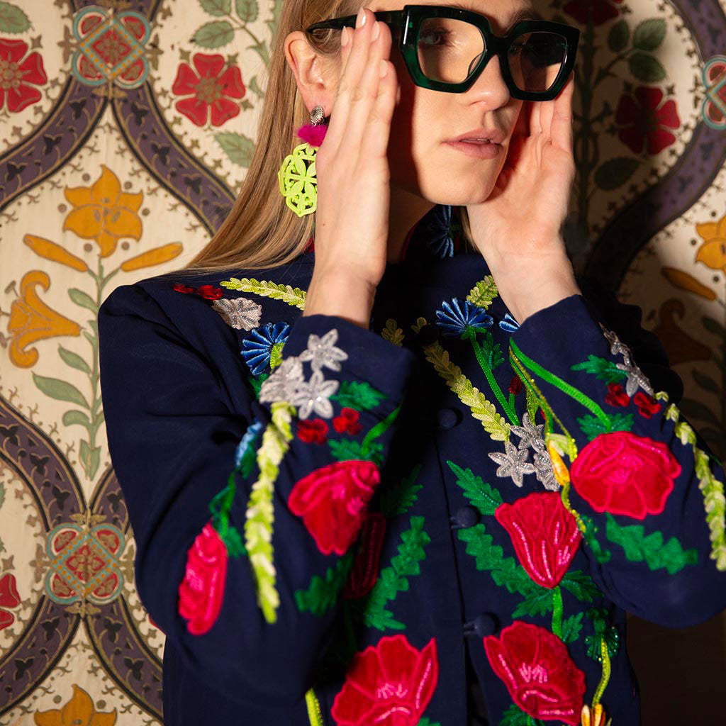 Navy Spring Tide Embroidered Nehru Long Coat