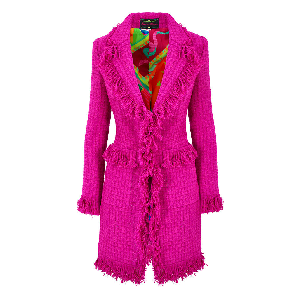 Magenta Fringed Tweed Lacy Coat